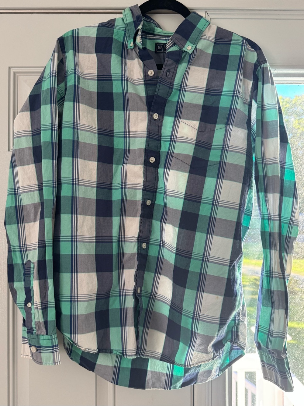 GAP Men's Plaid Button-Down Shirt in Navy, Teal & White
